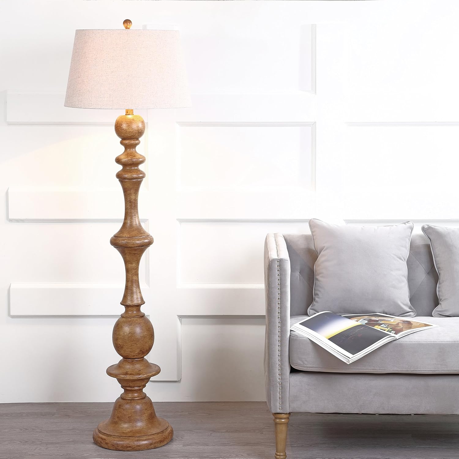 JONATHAN Y 67' Brown Spindled Resin LED Floor Lamp, Rustic Farmhouse Faux Bois Standing Lamp, Gray Linen Drum Shade for Living Room, Bedroom, LED Bulb Included, UL Listed JYL3000A