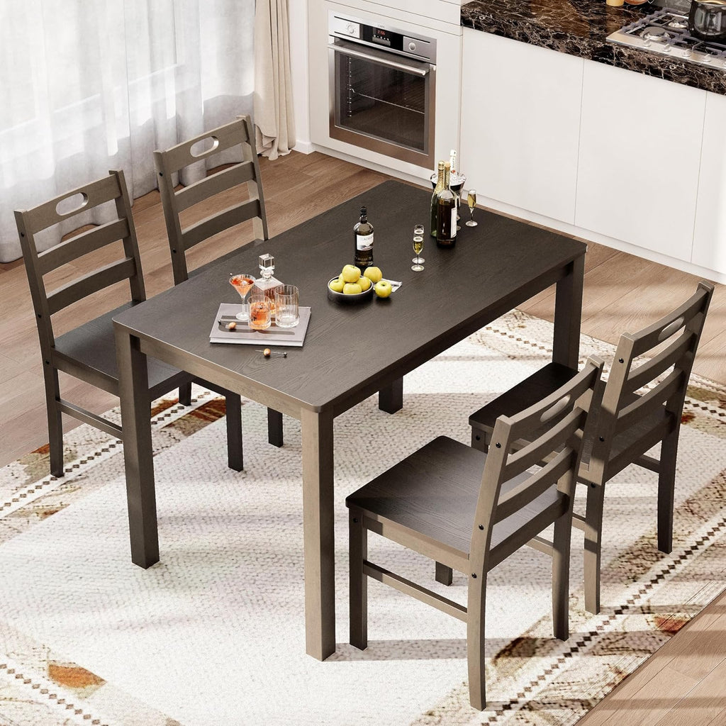 PHI VILLA Dining Table Set for 4, Solid Wood Farmhouse Kitchen Table Chairs Set of 4, 5 Piece Space-Saving Dining Room Table Set for Apartment, Dark Oak