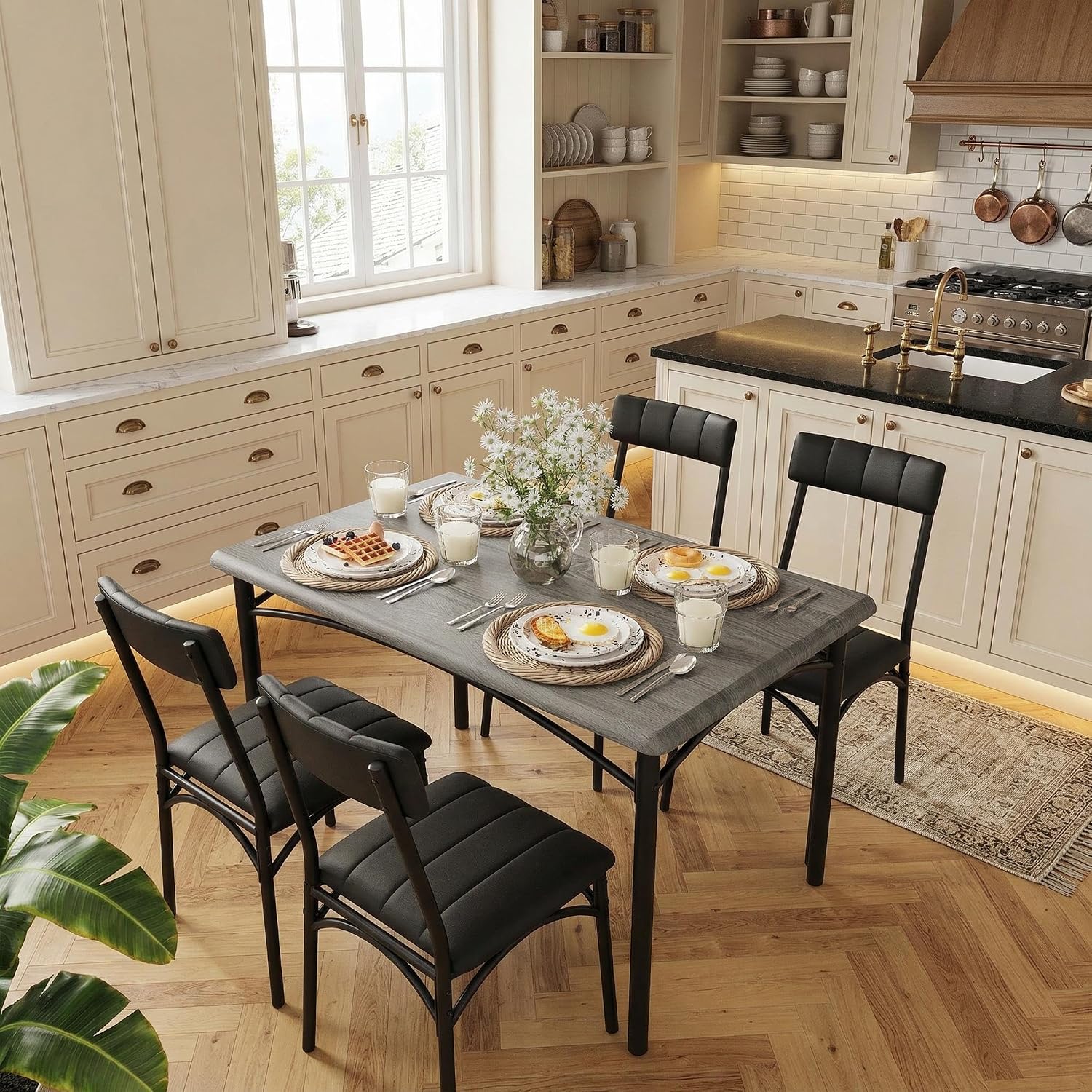 IDEALHOUSE Dining Table Set for 4, Kitchen Table and Chairs for 4 with Upholstered Chairs, 5 Piece Rectangular Kitchen Table Set, Dining Room Table Set for Small Space, Apartment, Retro Gray