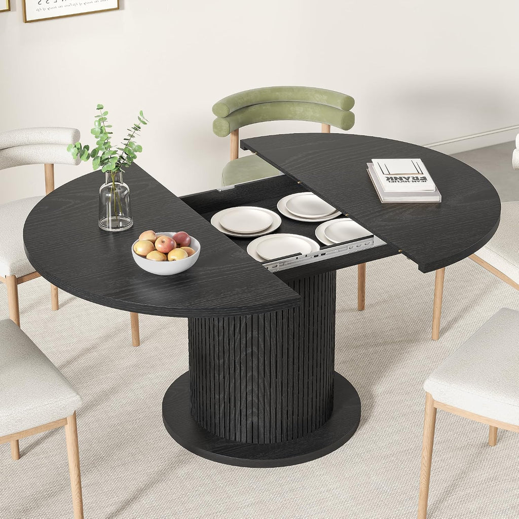 59 inch Round Dining Table for 6, Modern Farmhouse Kitchen Table, Circle Dining Tables with Wood Strip Base for Kitchen Living Room (Big Adjustable Black)