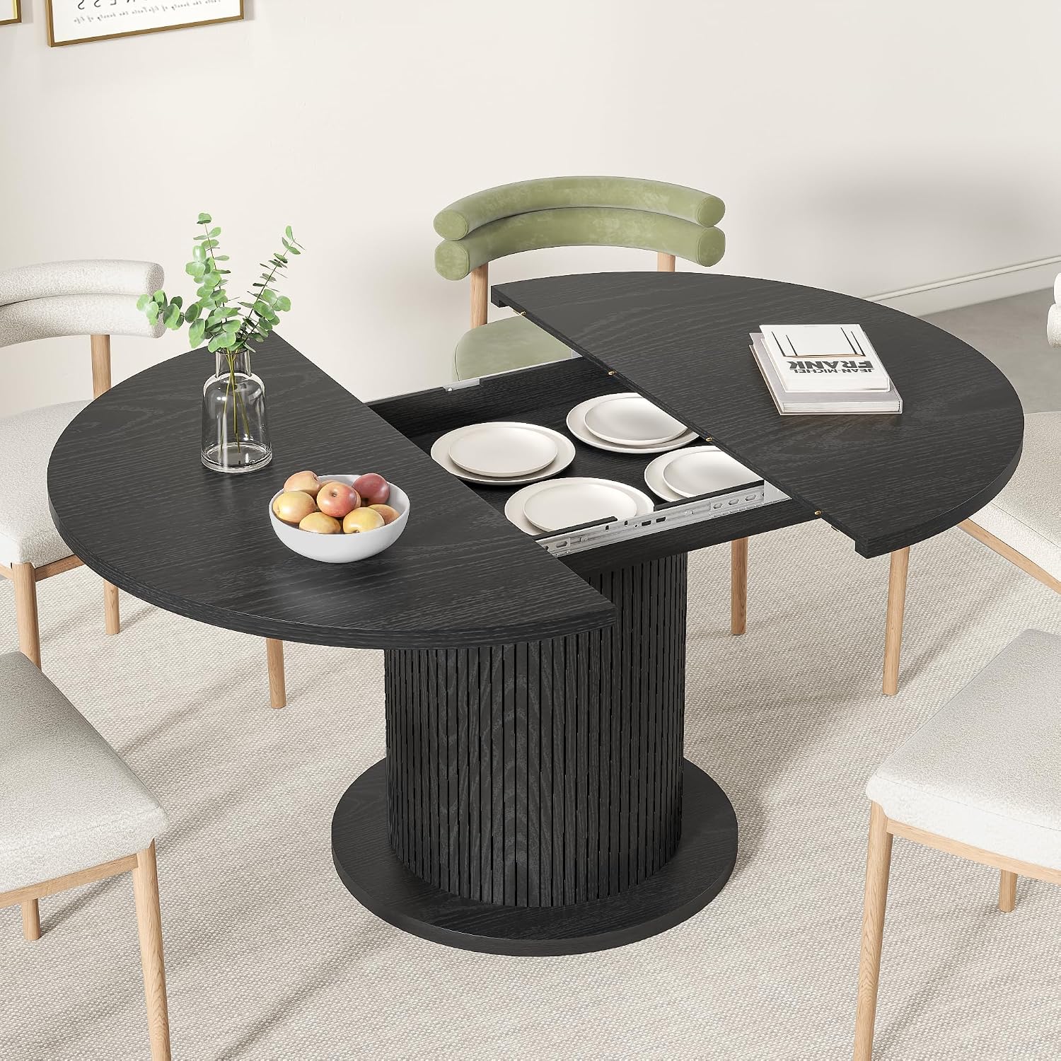 59 inch Round Dining Table for 6, Modern Farmhouse Kitchen Table, Circle Dining Tables with Wood Strip Base for Kitchen Living Room (Big Adjustable Black)