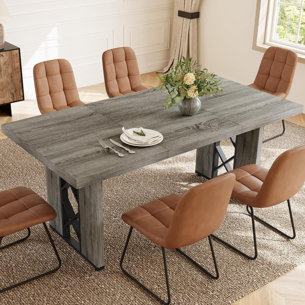 HIPIHOM 7-Piece Dining Table Set for 6 People, 70.8' MDF Kitchen Table with 6 Upholstered Chairs, Space-Saving for Dining Room, Breakfast Nook(Grey Table+6 Brown Chairs)