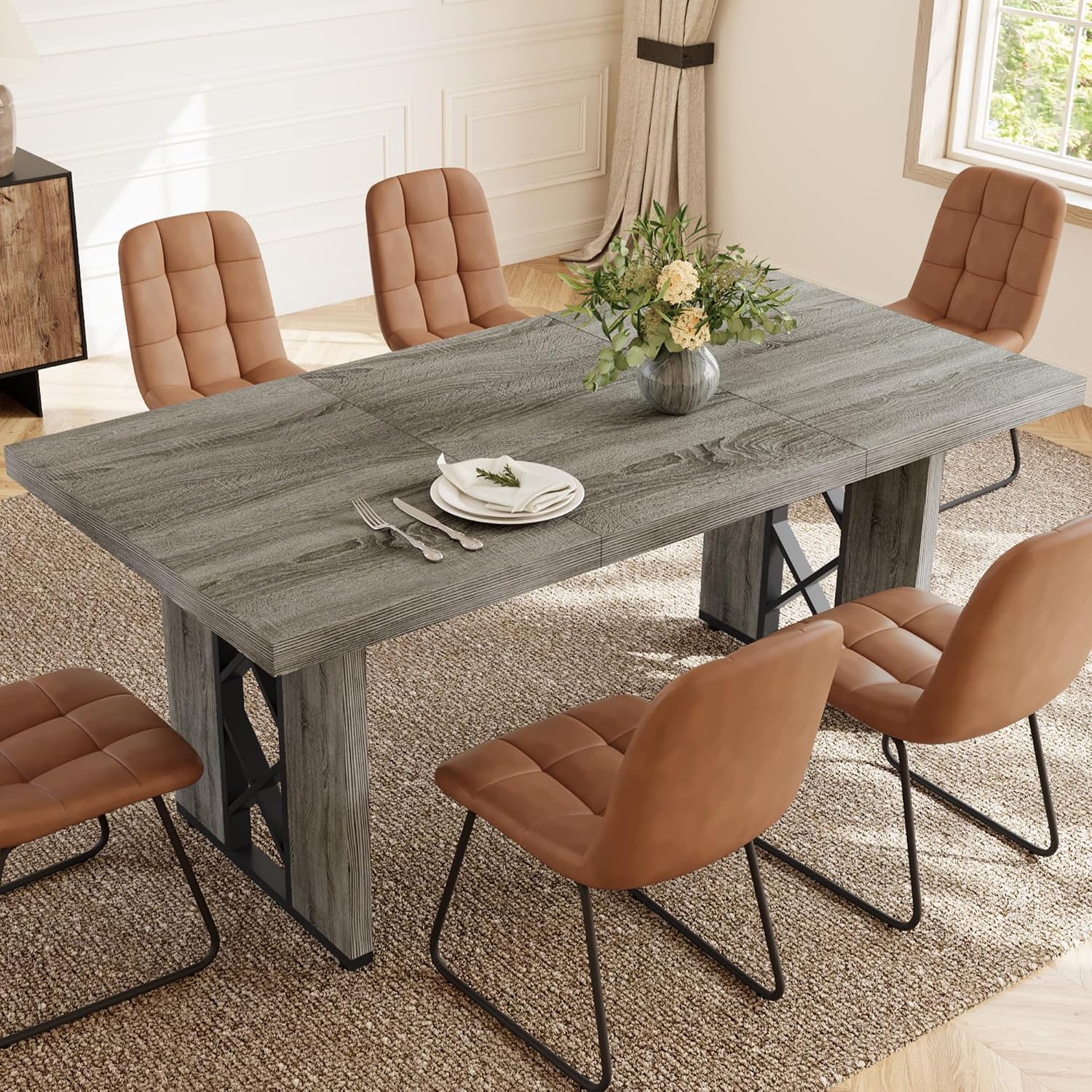 HIPIHOM 7-Piece Dining Table Set for 6 People, 70.8' MDF Kitchen Table with 6 Upholstered Chairs, Space-Saving for Dining Room, Breakfast Nook(Grey Table+6 Brown Chairs)