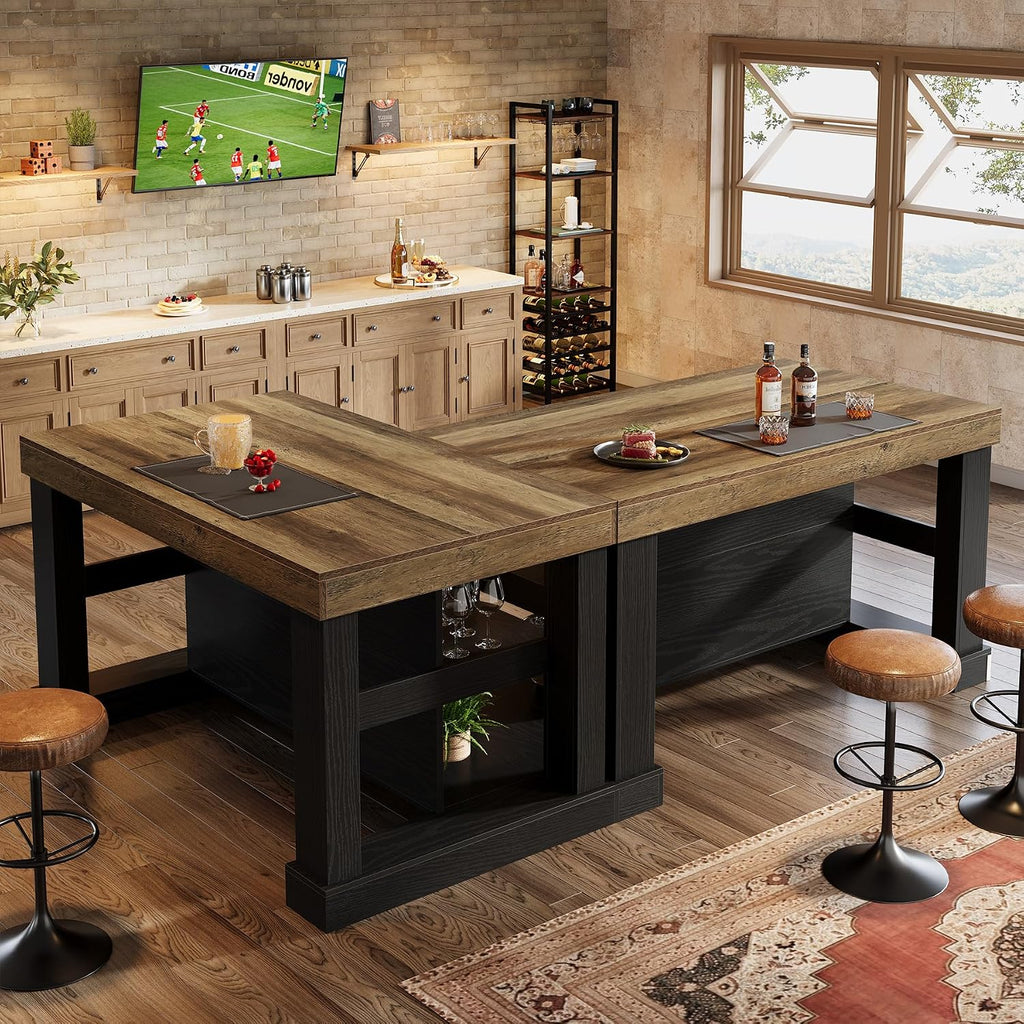 Tribesigns Bar Table, 55-Inch Counter Height Pub Table with Storage Shelves, High Top Kitchen Dining Table, Rectangle Wood Home Bar Unit for Dining Room, Bistro, Black and Brown