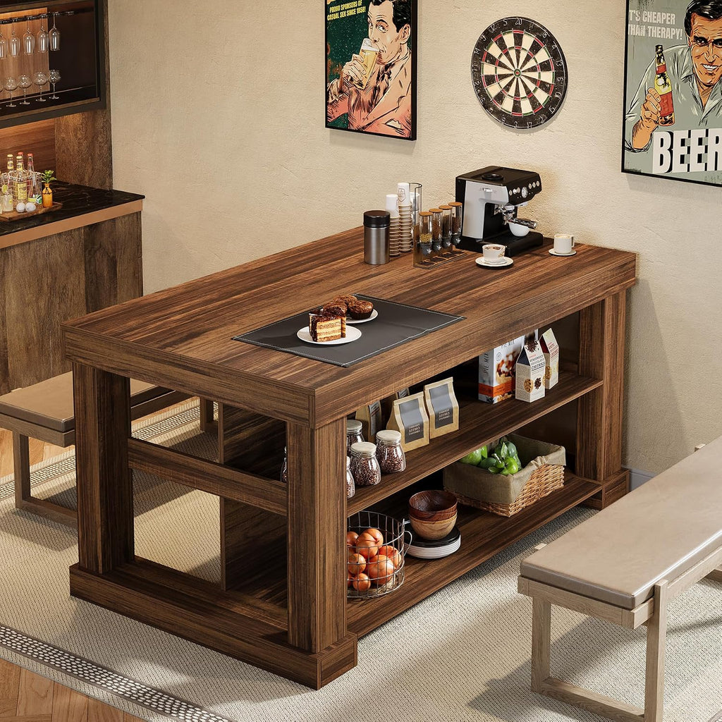 Tribesigns 55' Kitchen Island with Seating and Storage, 3-Tier Farmhouse Wood Stationary Island Table with Large Worktop & Leg Room, Coffee Bar Table with Storage Shelves for Kitchen, Dark Brown