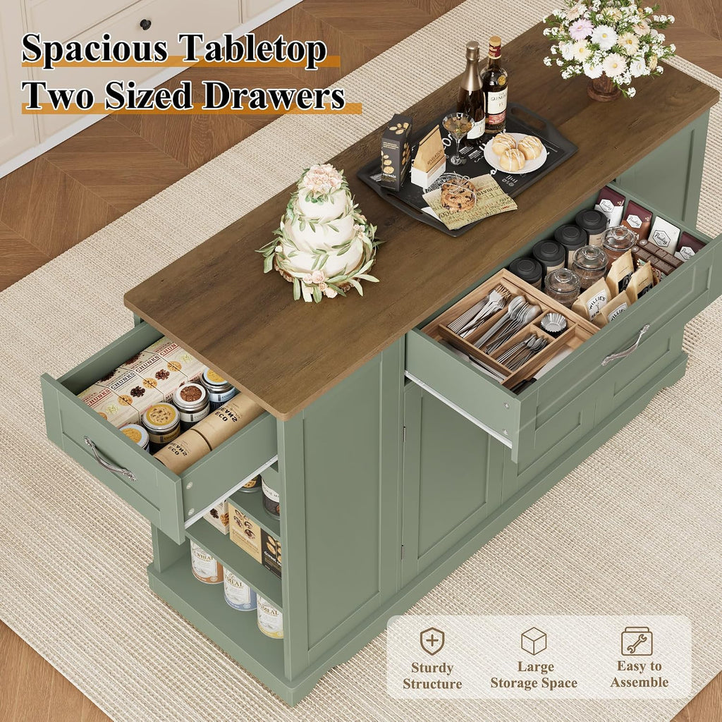 HOSTACK Kitchen Island Cart with Storage, 47'' Kitchen Storage Island on Wheels with 2 Drawers, Rolling Island Table with Adjustable Shelves, Mobile Buffet Sideboard Cabinet for Dining Room, Green