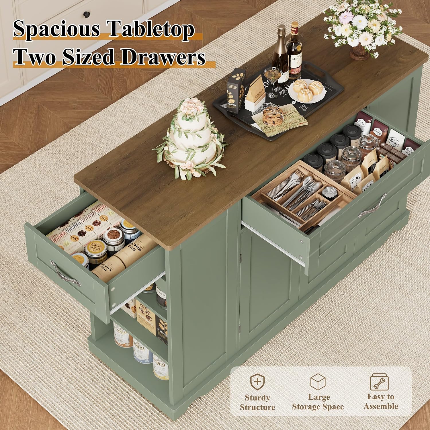 HOSTACK Kitchen Island Cart with Storage, 47'' Kitchen Storage Island on Wheels with 2 Drawers, Rolling Island Table with Adjustable Shelves, Mobile Buffet Sideboard Cabinet for Dining Room, Green
