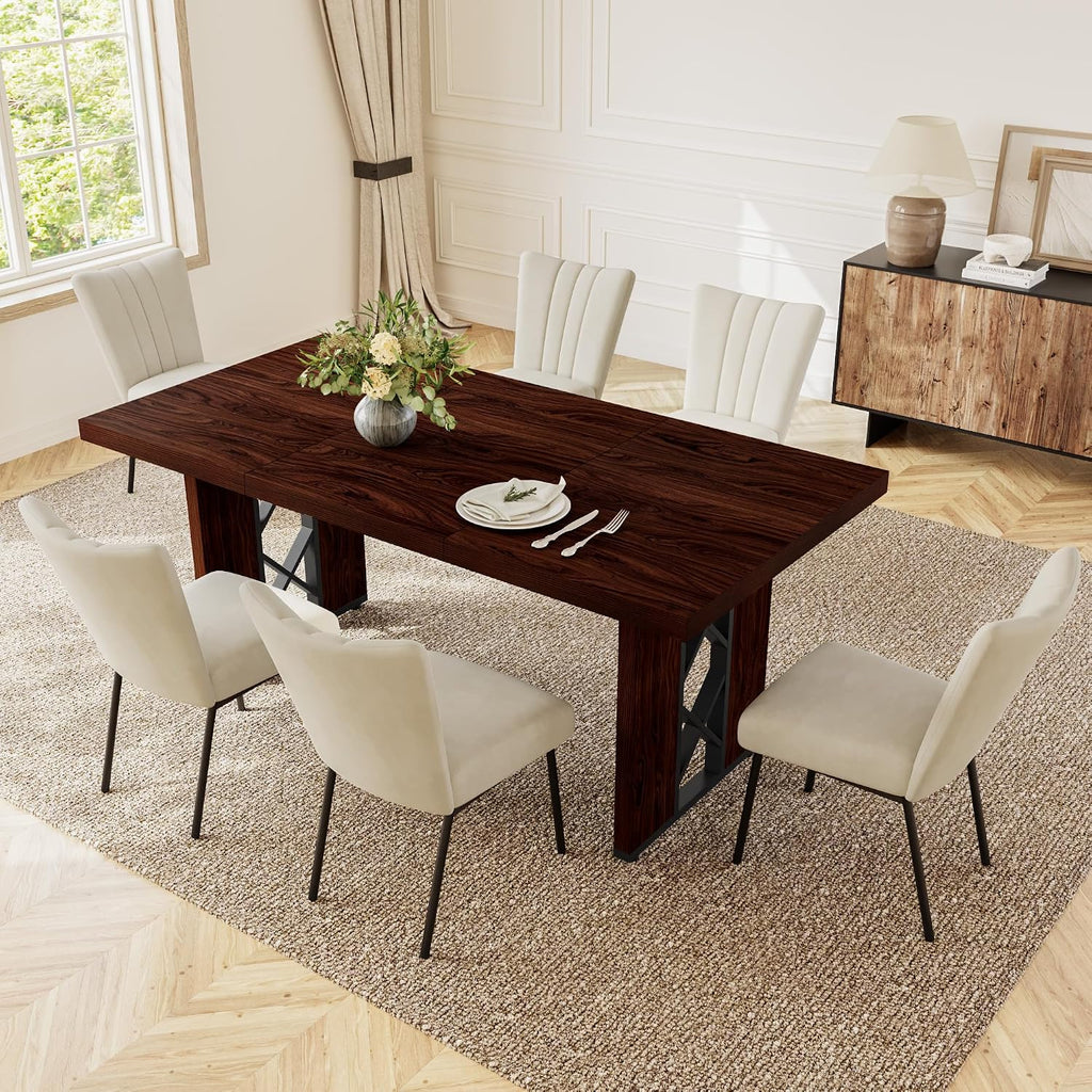 HIPIHOM 7-Piece Dining Table Set for 6 People, 70.8' MDF Kitchen Table with 6 Velvet Chairs, Space-Saving for Dining Room, Breakfast Nook(Walnut Table+6 Beige Chairs)