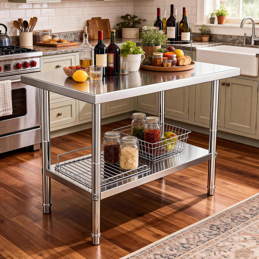 DWVO 60x24in Stainless Steel Table, NSF Metal Prep Worktable with Adjustable Shelf for Kitchen Restaurant Hotel Garage Warehouse Home