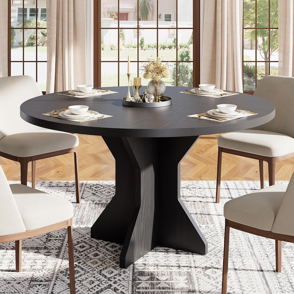 IDEALHOUSE Round Dining Table, 47' Kitchen Table for 4-6 People, Circle Tables with Sturdy Pedestal Base, Space Saving Dinning Room Furniture for Living Room, Kitchen, Apartment, Black