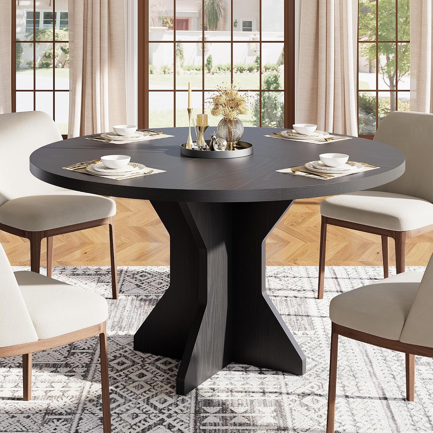 IDEALHOUSE Round Dining Table, 47' Kitchen Table for 4-6 People, Circle Tables with Sturdy Pedestal Base, Space Saving Dinning Room Furniture for Living Room, Kitchen, Apartment, Black