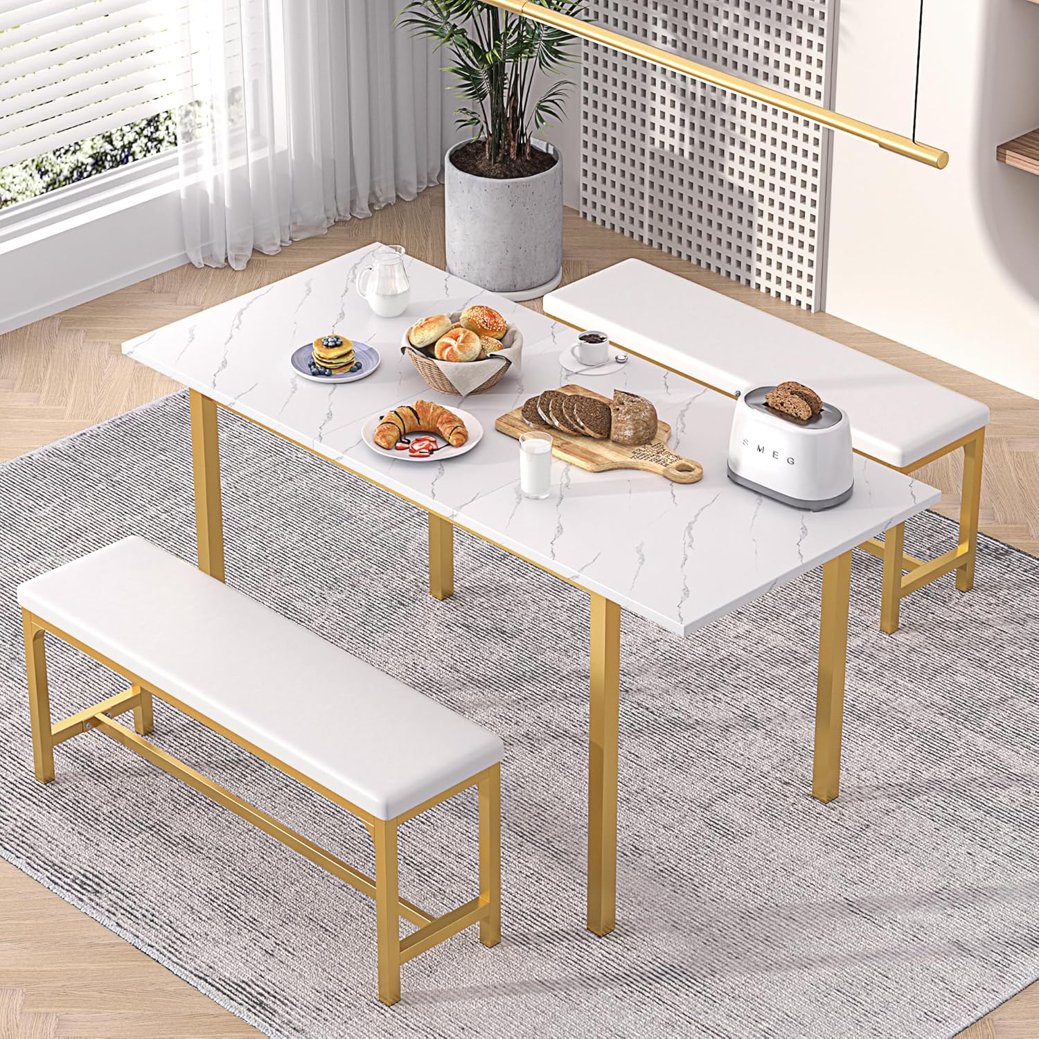 VECELO 3-Piece 63' Extendable Kitchen Table with Benches/Chairs, Modern Breakfast Dinette/Dining Room Set for 4/6/2, Small Space Saving Design, Easy Assembly
