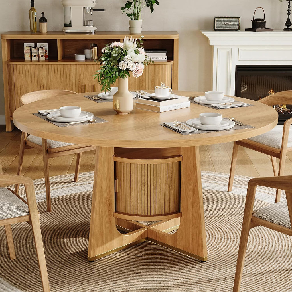 IRONCK 47 Inch Round Dining Table for 4-6 People with Built-in Storage Cabinet, Mid-Century Modern Kitchen Table for Dining Room, Kitchen, Living Room (Natural Wood)