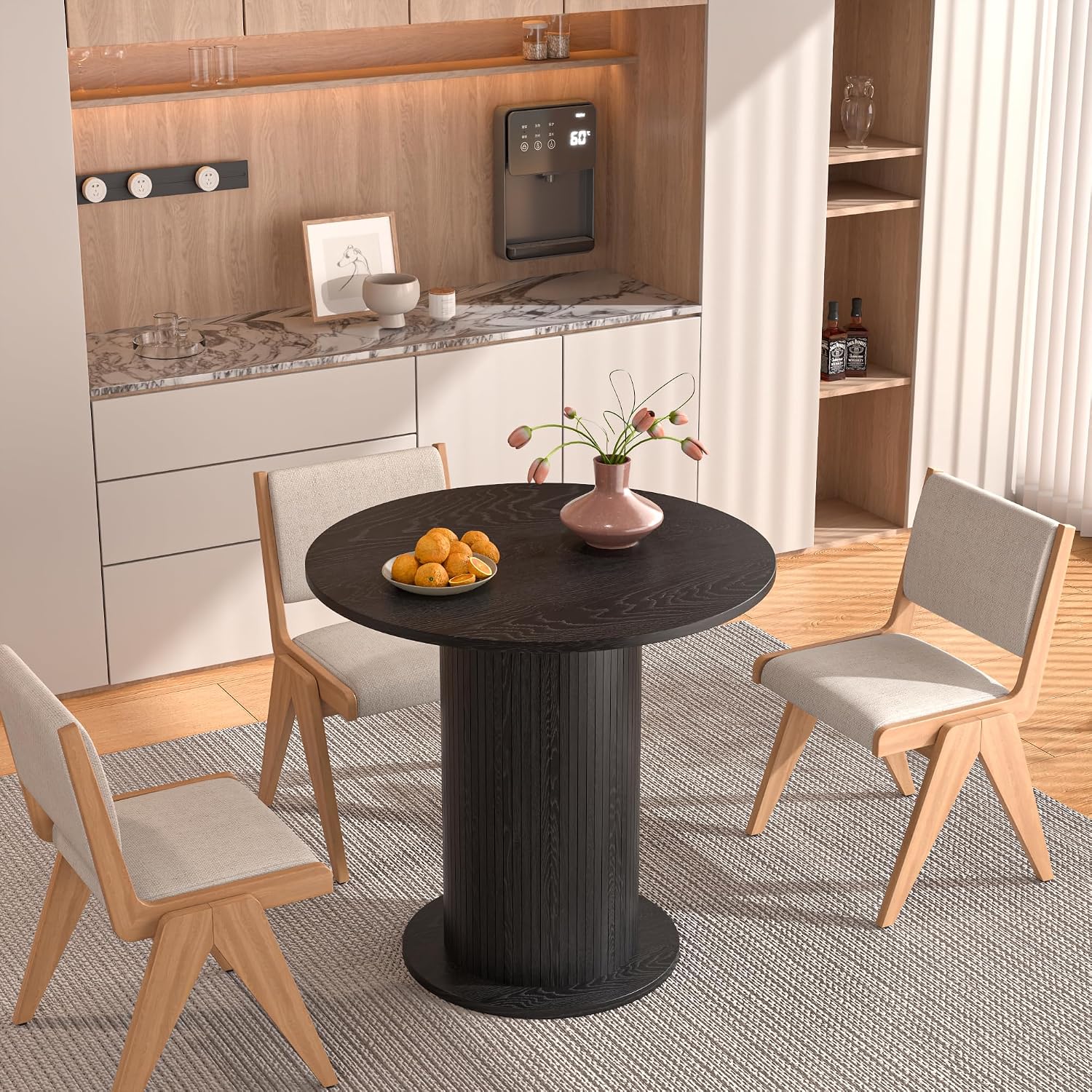 31.5 inch Round Dining Table for 2, Modern Farmhouse Kitchen Table, Small Circle Dining Tables with Wood Strip Base for Kitchen Living Room (Black)