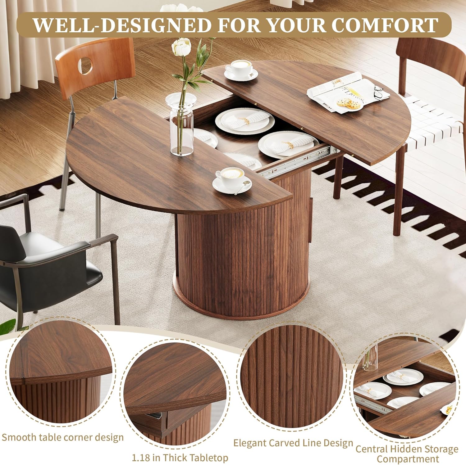 weselon 43'-59' Extendable Round to Oval Dining Table with Hidden Storage, Modern Wooden Kitchen Table with Fluted Sliding Door Cabinet, Expandable Dinner Table for Dining Room Living Room (Walnut)