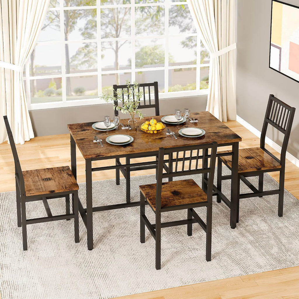 AWQM 47.2 Inch Dining Table Set for 4,Industrial Table with 4 Curved Chairs Set,5-Piece Rectangular Kitchen Table Set for Dining Room,Breakfast Nook,Small Space