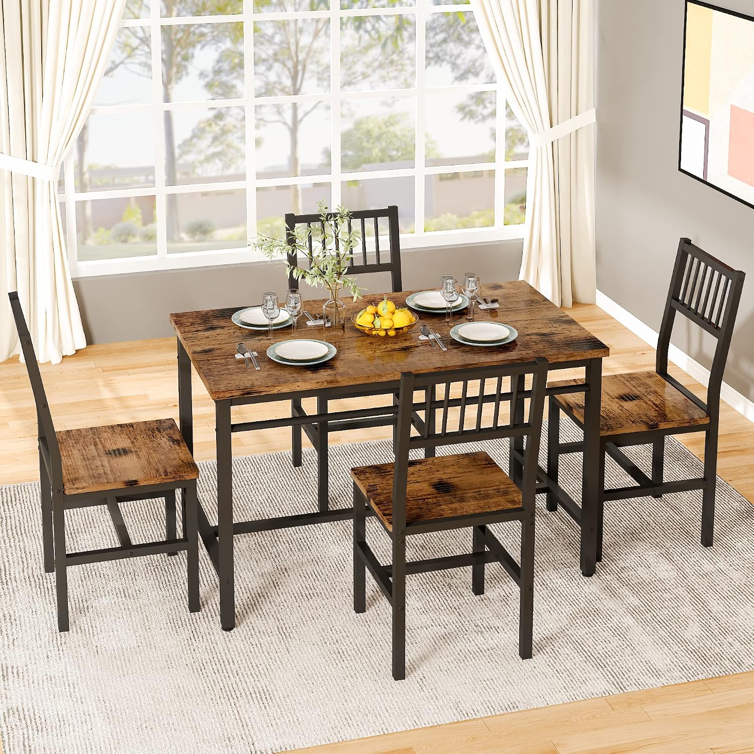 AWQM 47.2 Inch Dining Table Set for 4,Industrial Table with 4 Curved Chairs Set,5-Piece Rectangular Kitchen Table Set for Dining Room,Breakfast Nook,Small Space