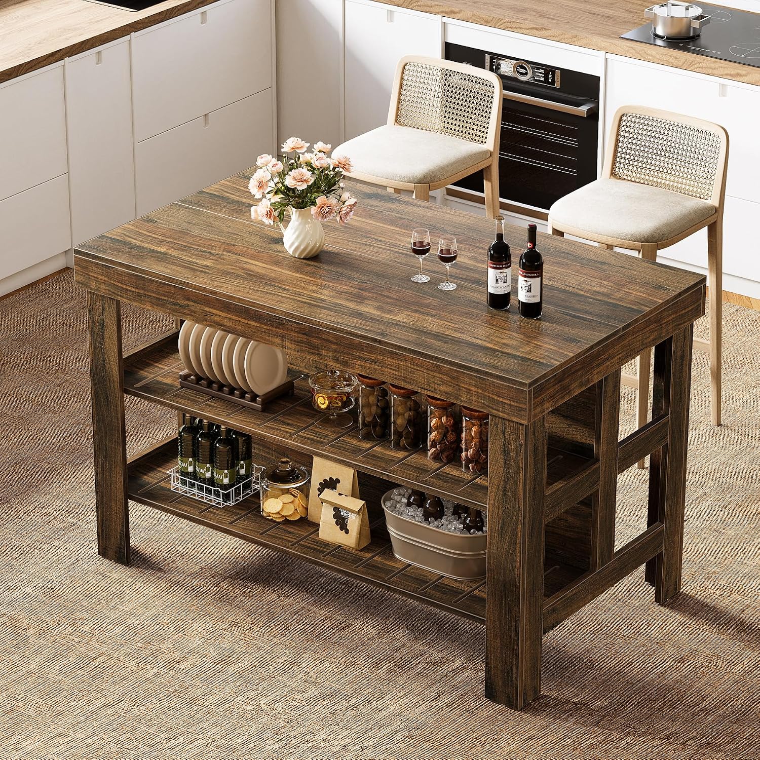 Tribesigns Kitchen Island with Seating and Storage Shelves, 55.1-Inch Breakfast Counter Farmhouse Island Table for Kitchen Dining Room (Deep Brown)