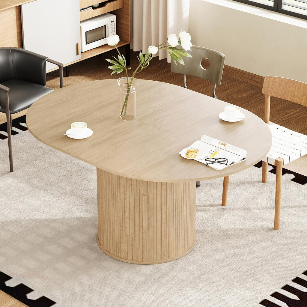 weselon 43'-59' Extendable Round to Oval Dining Table with Hidden Storage, Modern Wooden Kitchen Table with Fluted Sliding Door Cabinet, Expandable Dinner Table for Dining Room Living Room (Natural)
