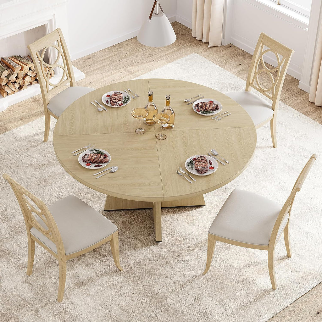 IDEALHOUSE 47' Round Dining Table Set for 4 to 6, Farmhouse Kitchen Table with Wooden Top and Pedestal Base, Circle Dinner Table for Dining Room, Kitchen Room - (No Chairs) (Burlywood)