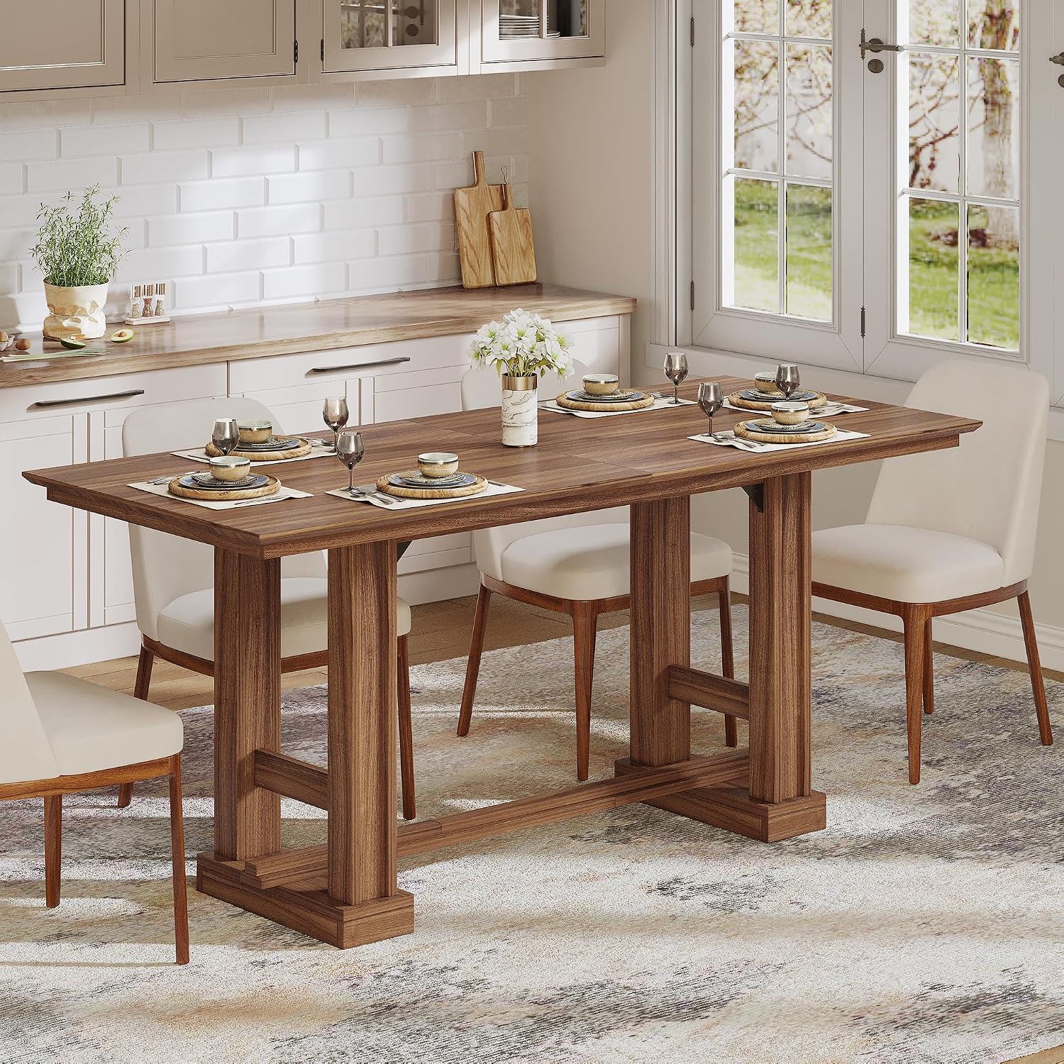 DWVO Farmhouse Dining Table for 6-8 People, 70' Long Kitchen Tables with Wooden Sturdy Legs, Large Rectangular Dinner Table for Kitchen, Dining Room, Living Room, Dark Walnut