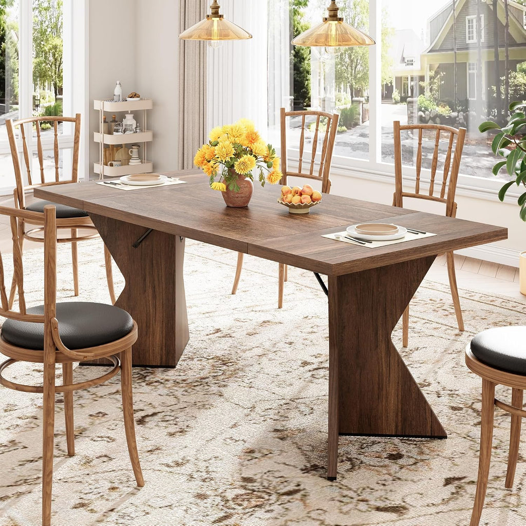 GarveeHome 70.9'' Dining Table for 6, Farmhouse Rectangular Kichen Table with Sturdy Frame and 'V' Leg, Wooden Thickened Long Desk and Dinner Desk for Dining Room, Kitchen, Office, Game Room(Retro)