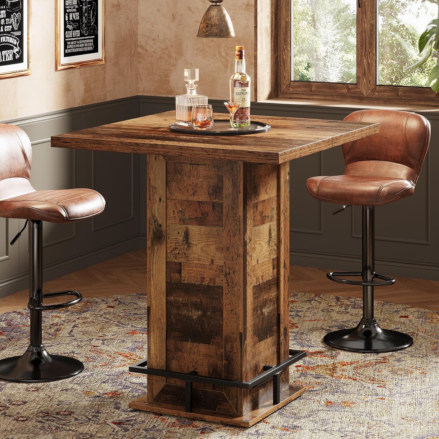 Tribesigns 39.4' H Square Bar Table, Industrial High Top Bistro Pub Cocktail Table with Metal Footrest for Kitchen Nook, Home Bar, Small Bars, Dark Brown (Table Only)