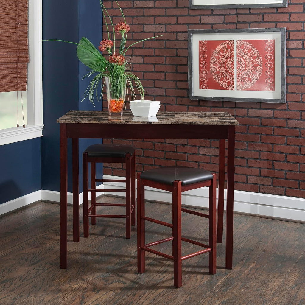 Linon Brown 3-Piece Table Faux Marble Tavern Set, 42' w x 22.25' d x 36' h