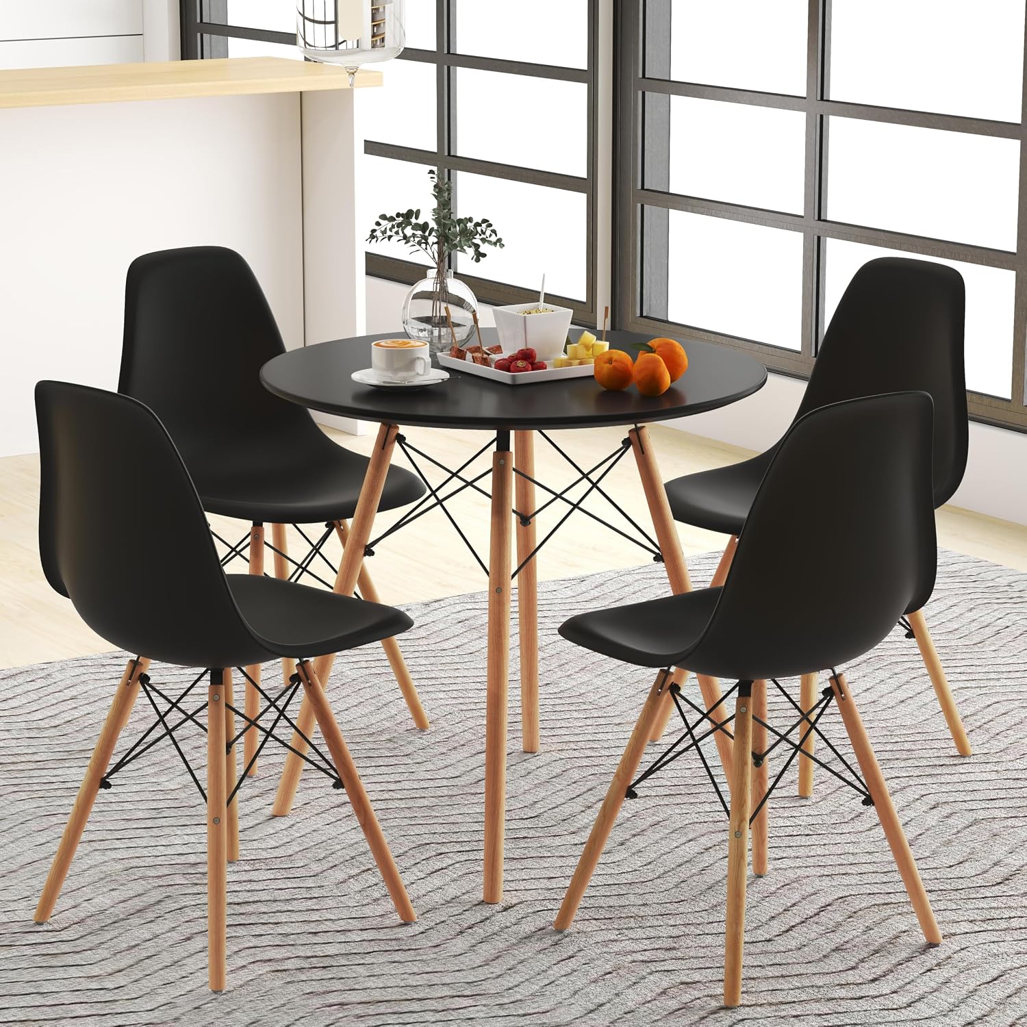Tangkula Round Dining Table Set for 4, Modern Circle Kitchen Table & 4 Chairs with Ergonomic Seats and Solid Wood Legs, 5-Piece Dining Room Set for Small Spaces, Kitchen, Living Room