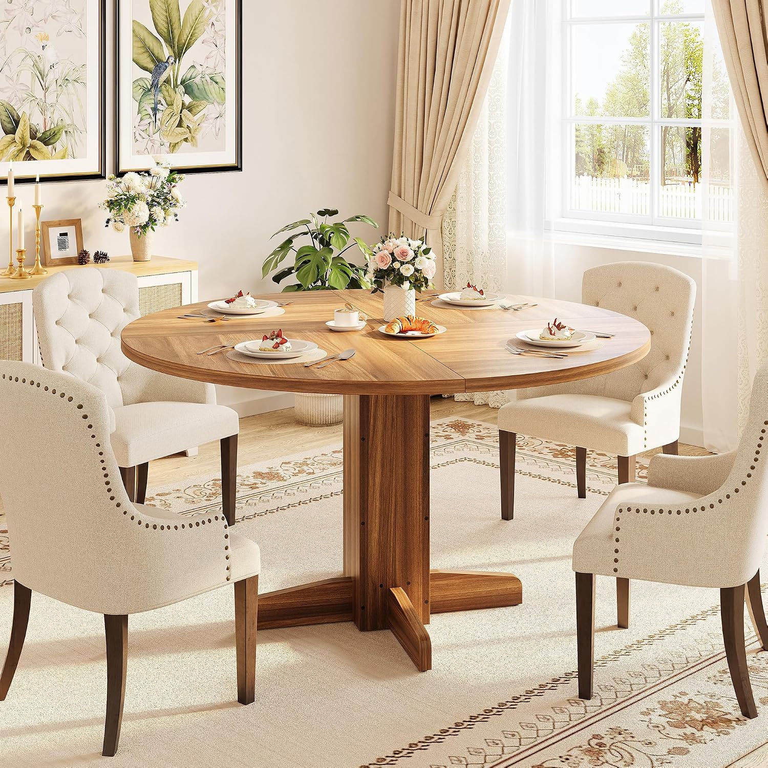 IDEALHOUSE Round Dining Table for 4-6 People, 47' Wood Kitchen Table with Sturdy Pedestal Base, Farmhouse Circle Dinner Tables for Dining Room, Living Room, Apartment, Walnut