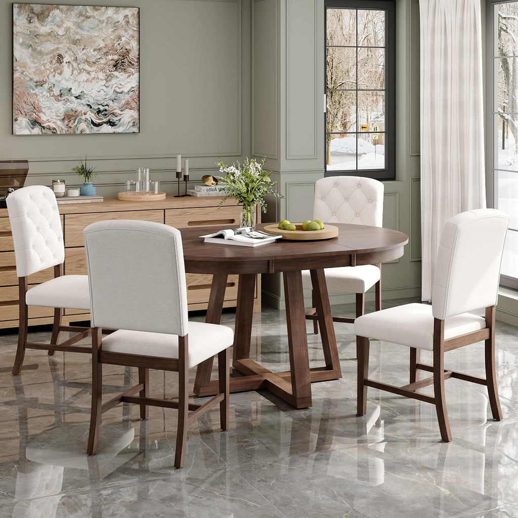 Bellemave 5-Piece Dining Table Set, Extendable Round Dining Table with 16' Removable Leaf, 4 Upholstered Button Tufted Chairs, Acacia Veneer Tabletop (Walnut)