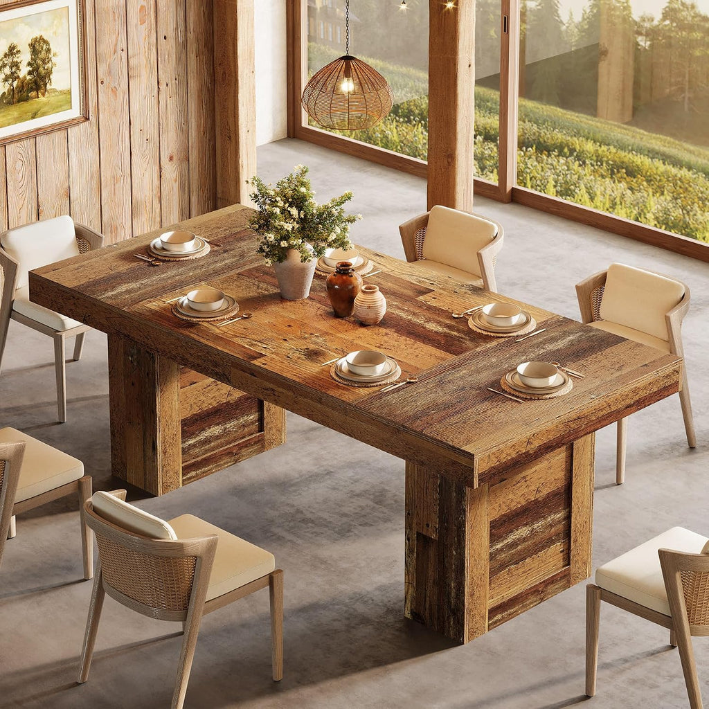 Tribesigns 63'' Farmhouse Dining Table for 6, Rectangle Wooden Kitchen Table with Heavy-Duty Legs, Rustic Large Dining Room Furniture for Family Meals, Banquets & Dinner Parties, Distressd Brown