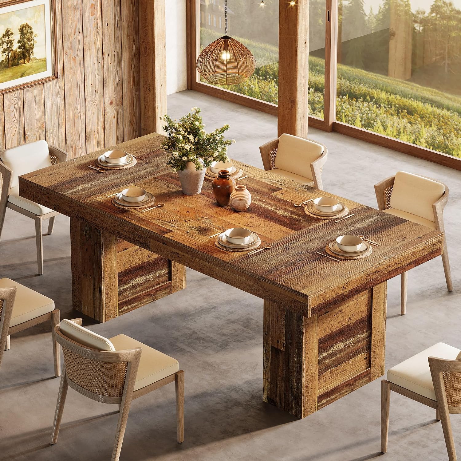 Tribesigns 63'' Farmhouse Dining Table for 6, Rectangle Wooden Kitchen Table with Heavy-Duty Legs, Rustic Large Dining Room Furniture for Family Meals, Banquets & Dinner Parties, Distressd Brown