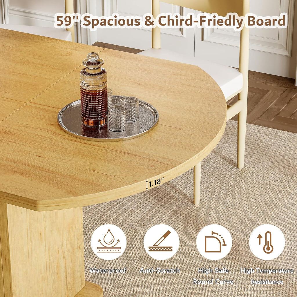 iPormis Round Dining Table for 4-6, 59'' Extendable Dining Room Kitchen Table with 2-Tier Storage Shelf, Modern Wood Dinner Table with Door & Pedestal Base, for Kitchen Living Room, Space Saving, Oak