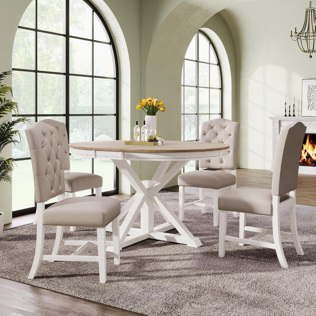Bellemave Extendable Dining Table Set, 5-Piece Round Table Set with 4 Upholstered Chairs, Oval Kitchen Table Set with Extendable Table (Oak Natural Wood + Off White + Beige Cushions)