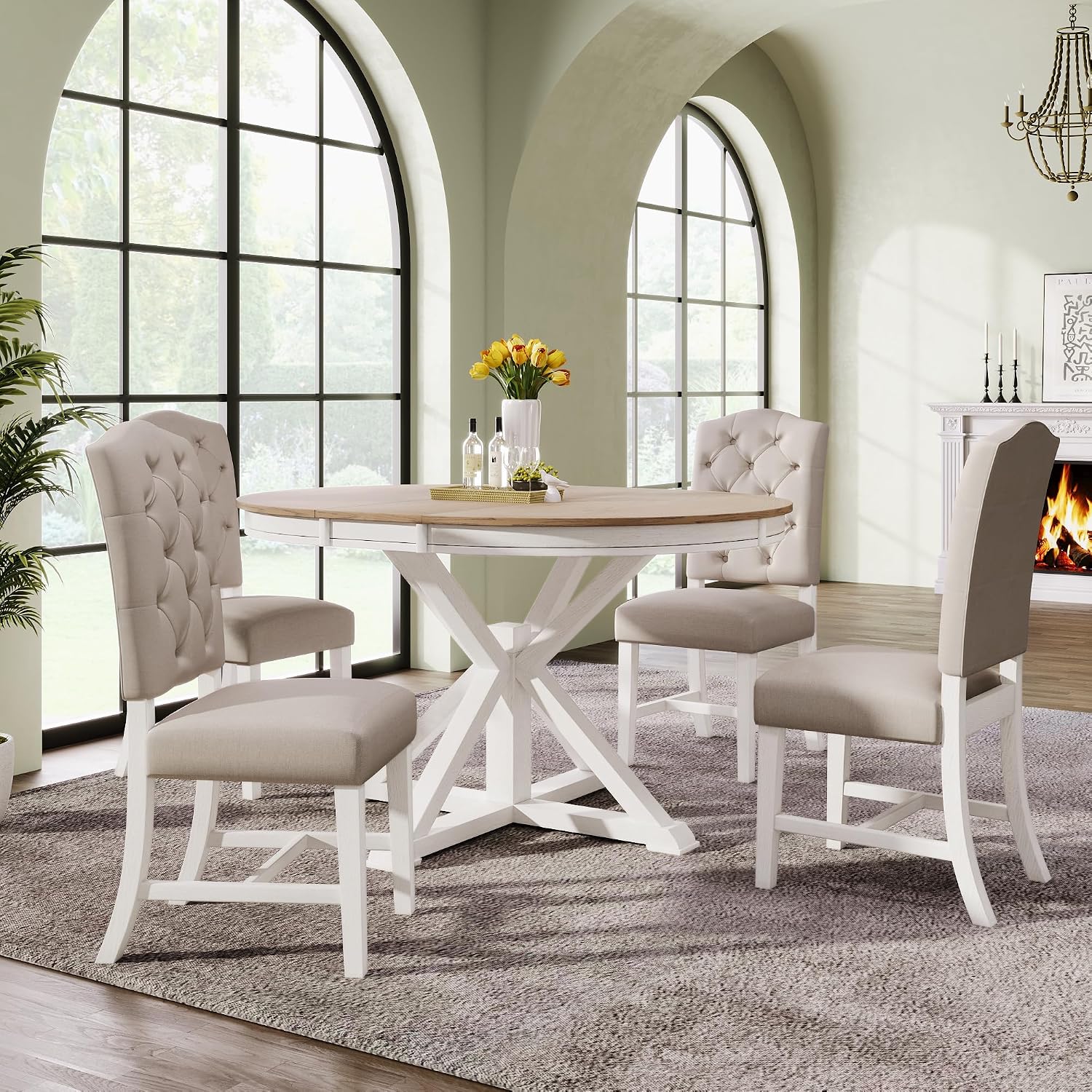 Bellemave Extendable Dining Table Set, 5-Piece Round Table Set with 4 Upholstered Chairs, Oval Kitchen Table Set with Extendable Table (Oak Natural Wood + Off White + Beige Cushions)
