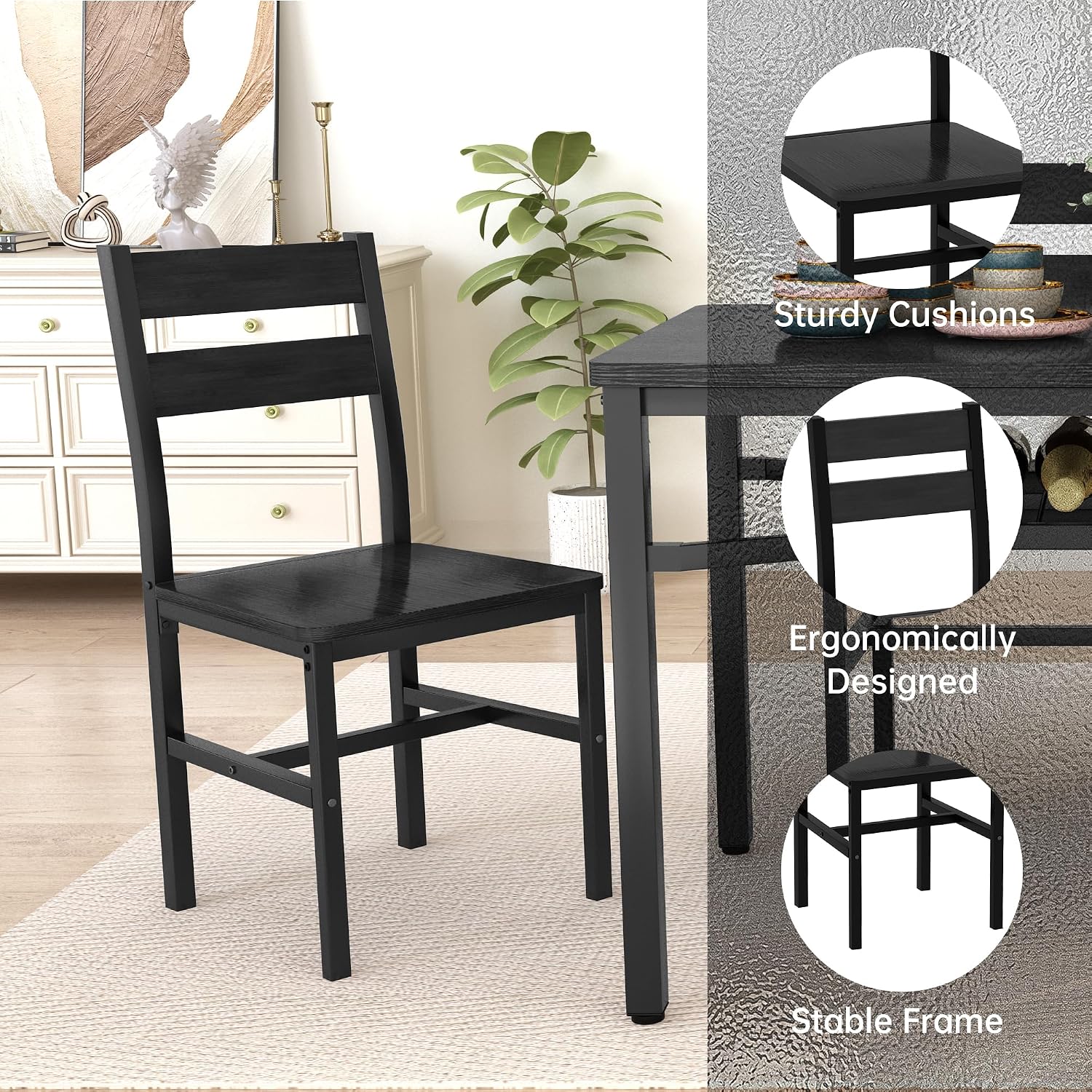 Hooseng Dining Table Set for 4, Wood Kitchen Table Chairs Set with Storage, Farmhouse 5 Piece Dining Room Table Set, Space-Saving Dinette Set for Breakfast Nook, Apartment (Black)