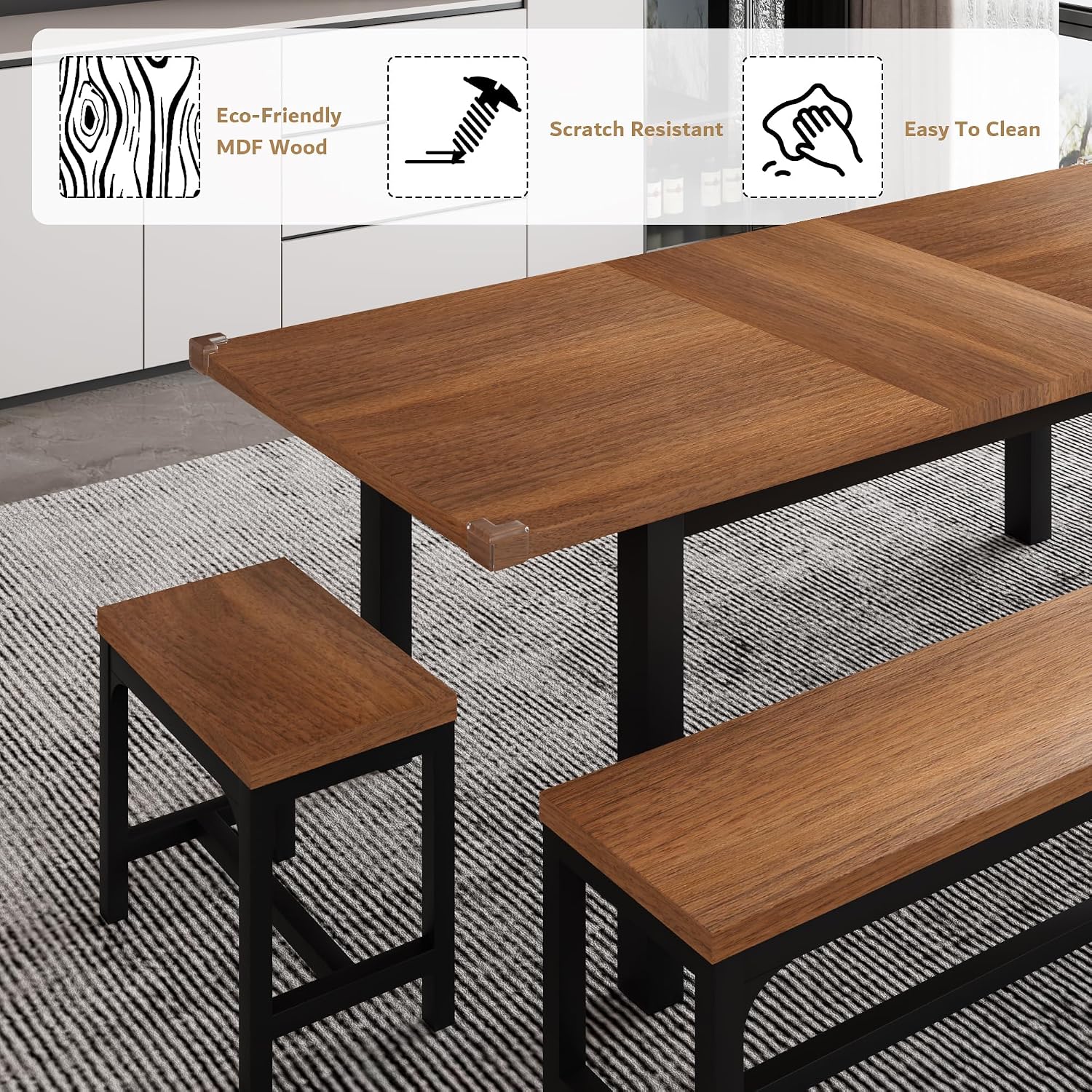 iPormis 5-Piece Dining Table Set for 4-8 People, Extendable Kitchen Table Set with 2 Benches and 2 Square Stools, Mid-Century Dining Room Table with Metal Frame & MDF Board, Saving Space, Walnut