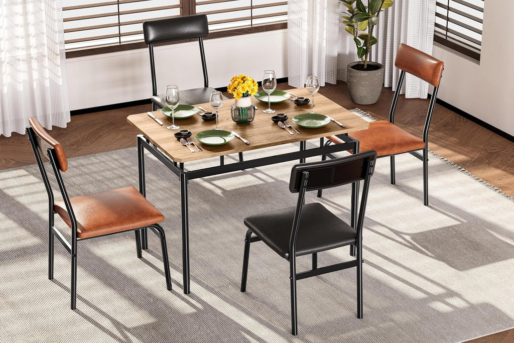 Garvee Dining Table Set for 4, 5 Piece Wooden Dining Table and Chairs, 4 PU Upholstered Chair, Modern Metal Frame Dinette Set for Dining Room, Home Dinner, Party, Apartment, Brown + Black