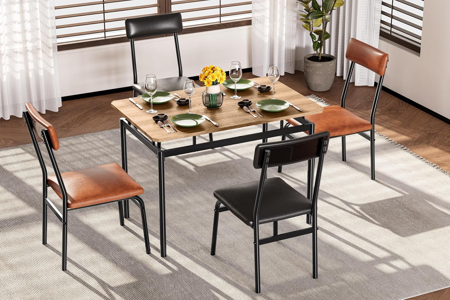 Garvee Dining Table Set for 4, 5 Piece Wooden Dining Table and Chairs, 4 PU Upholstered Chair, Modern Metal Frame Dinette Set for Dining Room, Home Dinner, Party, Apartment, Brown + Black