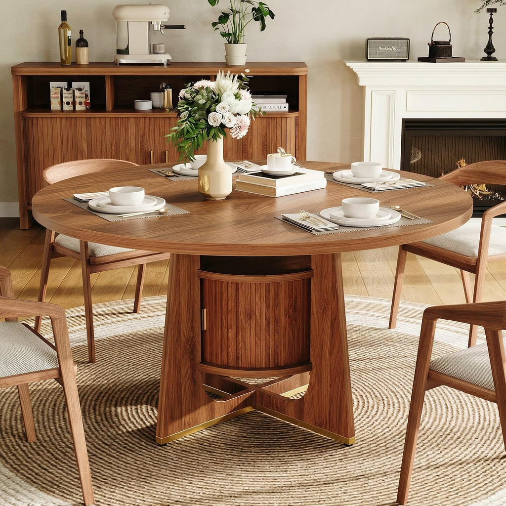 IRONCK 47 Inch Round Dining Table for 4-6 People with Built-in Storage Cabinet, Mid-Century Modern Kitchen Table for Dining Room, Kitchen, Living Room (Walnut)