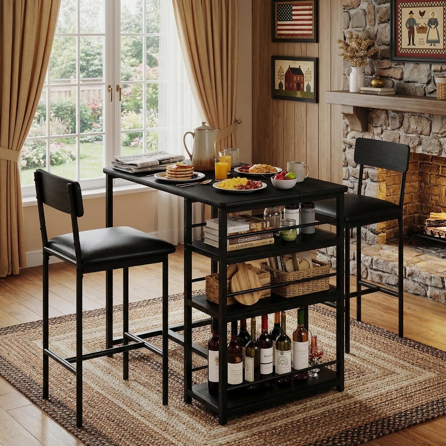 GarveeHome Dining Table Set for 2, Counter Height Kitchen Table with 2 Upholstered Bar Stools, Dining Table and Chairs Set with Storage Shelves, for Small Space, Apartment, Studio, Retro Black