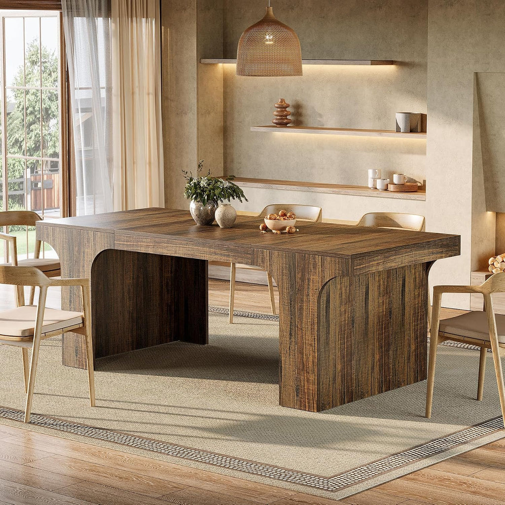 Tribesigns 71-Inch Farmhouse Dining Table for 6-8, Long Modern Wooden Kitchen Table with Arched Design, Large Rectangular Dining Furniture with Double Pedestal for Dinner Room, Rustic Brown