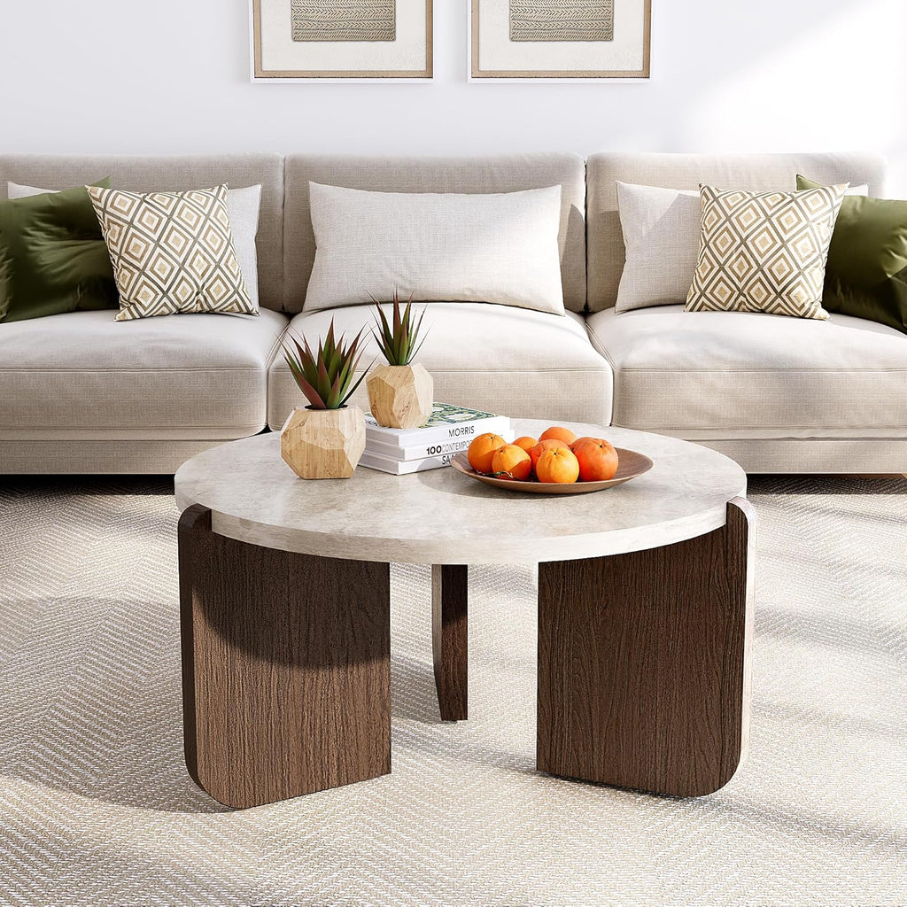 SUNBURY Modern Round Coffee Table with Sturdy Base, Wood Center Tables for Living Room Reception Room, Faux Marble Tabletop, Easy Assemble