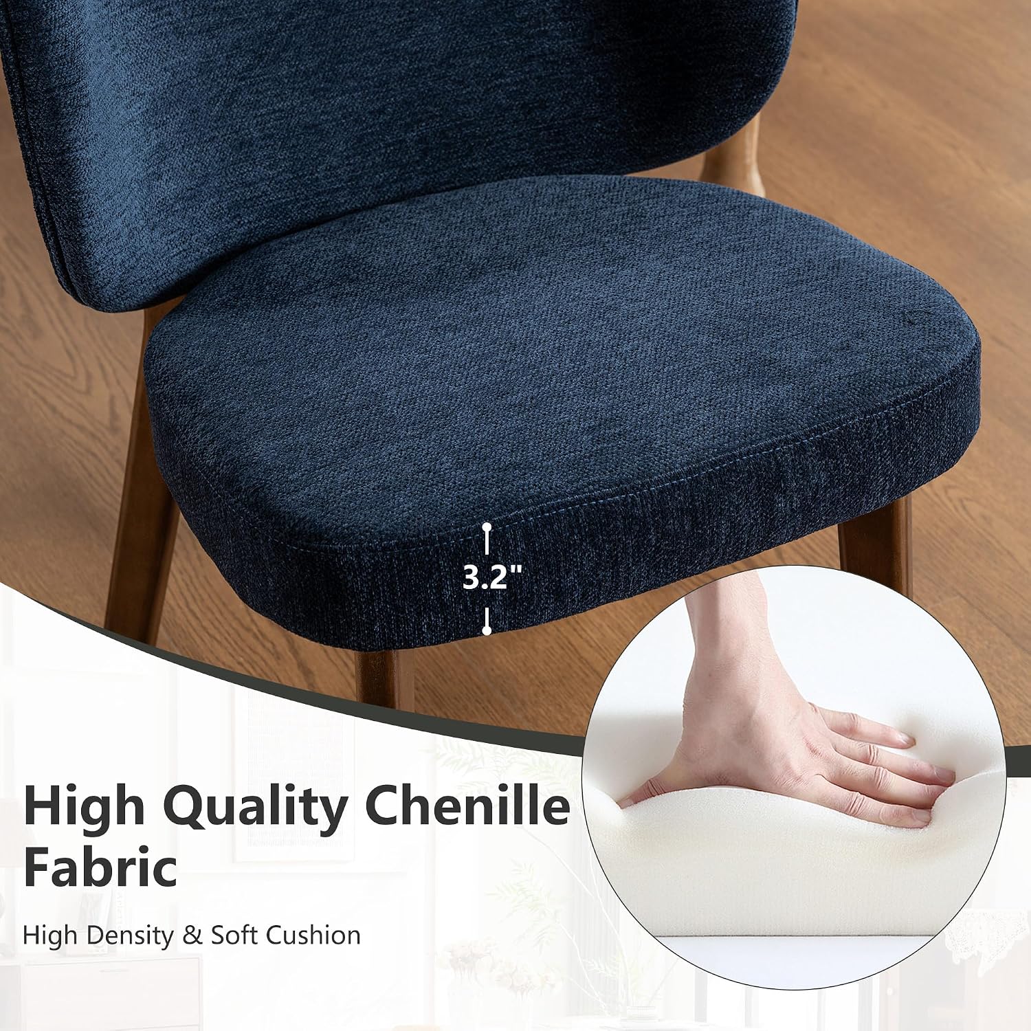 YOUNIKE Dining Chair with Back Single Mid Century Modern Kitchen Chair Boucle Fabric Upholstered Armless Chair 20' Wide Padded Seat with Wooden Legs for Kitchen Dining Living Room Bedroom Navy Blue