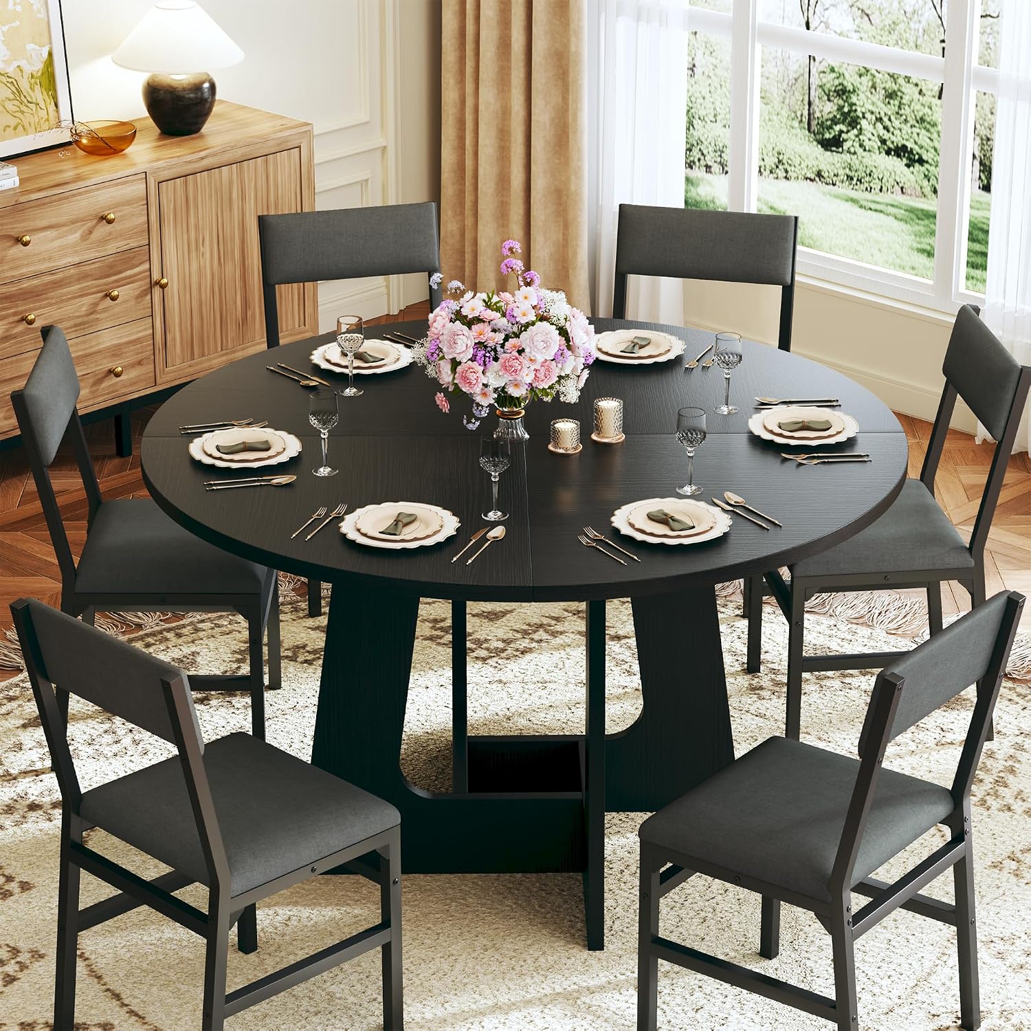 HUAHUU Round Dining Table Set for 6, 7-Piece Kitchen Table and Chairs for 6, 47'' Round Dining Room Table Set with 6 Chairs, Space Saving Dining Table with Wood Base for Kitchen, Living Room, Black