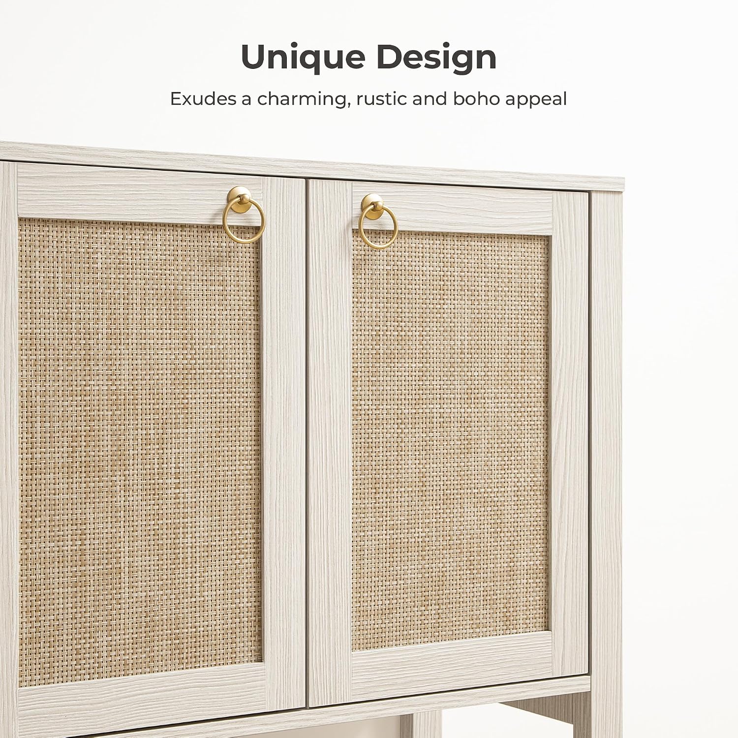 SICOTAS Rattan Sideboard Buffet Cabinet with Open Storage - Large Storage Cabinet with 4-Doors and Adjustable Shelves, Boho Credenza Coffee Bar Cabinets Buffet Table Console Table for Kitchen,Hallway