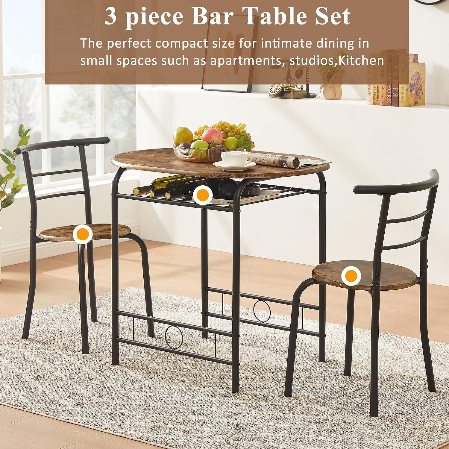 VECELO 3 Piece Small Round Dining Table Set for Kitchen Breakfast Nook, Wood Grain Tabletop with Wine Storage Rack, Save Space, Antique & Black