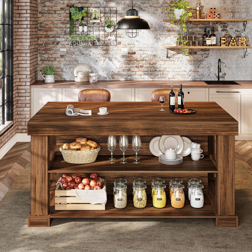 Tribesigns Bar Table, 55-Inch Counter Height Pub Table with Storage Shelves, High Top Kitchen Dining Table, Rectangle Wood Home Bar Unit for Dining Room, Bistro, Dark Brown