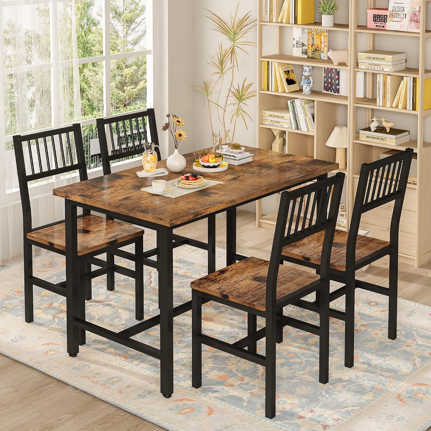 AWQM 43.3 Inch Dining Table Set for 4,Industrial Table with 4 Curved Chairs Set,5-Piece Rectangular Kitchen Table Set for Dining Room,Breakfast Nook,Small Space